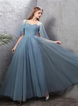 Picture of Blue Tulle Long Evening Simple Party Dress, Blue Formal Gown Bridesmaid Dress